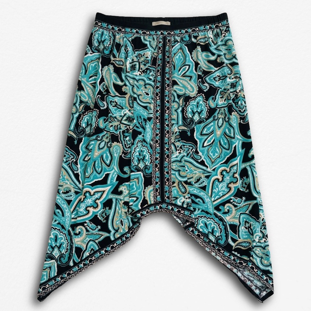 INC International Concepts Teal Black Paisley Handkerchief Hem Midi Skirt Size M